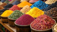 Vibrant colorful spices and seasonings in wooden bowls at traditional market, including turmeric, peppercorns, and various aromatic ingredients for cooking and flavoring.