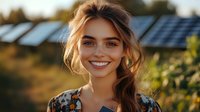 Young blonde woman smiling at solar panel farm during golden hour sunset. Renewable energy worker portrait with sustainable technology background.