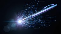 Digital pen with glowing circuit network and light effects on dark background for technology and innovation concepts.