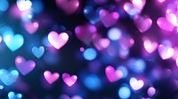 Glowing pink and blue heart bokeh lights on dark background create romantic atmosphere for Valentine's Day cards, wedding designs and love themes.