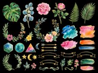 Watercolor botanical clipart set with flowers, tropical leaves, wreaths, banners, and paint strokes, isolated on transparent background, ready for stickers, cards, and print on demand.