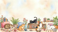 Young woman with long brown hair, Caucasian ethnicity, sitting among potted plants and stacked books, reading with cats nearby. Cozy home library scene with botanical elements and feline companions.