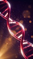 Glowing red DNA double helix structure with neon light effects against dark space background with golden bokeh particles for genetic research concepts.