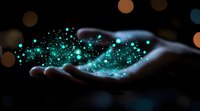 Magical glowing turquoise particles floating above outstretched hand silhouette against dark background with bokeh lights, creating mystical ethereal atmosphere.