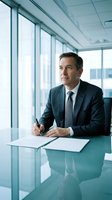 Confident middle-aged Caucasian businessman in dark suit sitting at modern office desk, looking thoughtfully out window while holding pen over documents.