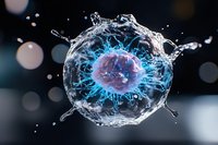 Glowing cell nucleus surrounded by water splash and electric blue energy on dark background with bokeh lights, scientific visualization for medical research.