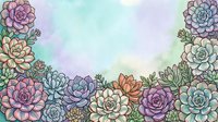 Watercolor succulent plants arranged in border frame with pastel pink, purple, blue, and cream tones on isolated white background, ready for design projects.