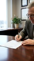 Senior male professional, Caucasian, wearing glasses and beige cardigan, signing document at wooden desk in modern office with potted plant and framed artwork on wall behind him.