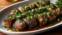 Grilled sausages with fresh herb chimichurri sauce and garlic garnish served on white platter for culinary presentations and food photography.