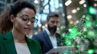 Young African American businesswoman in green blazer and glasses looking at digital tablet with glowing green network visualization effect in office.