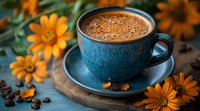 Fresh coffee with crema in blue ceramic cup surrounded by orange calendula flowers and scattered coffee beans on wooden board, moody atmosphere.