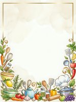Watercolor cooking border frame with kitchen utensils, vegetables, herbs and chef hat, copy space for menu or recipe card design.