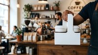 Barista holding white takeout coffee cup carrier in modern cafe with wooden counter, shelves, plants, and warm lighting for beverage service and hospitality.