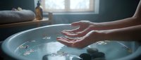 Woman hands cupping over spa bowl with floating flowers and stones in serene wellness treatment room for relaxation and self-care rituals.