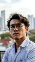 Young Asian male medical professional in white coat and glasses looking thoughtfully into distance against urban cityscape background. Professional healthcare portrait.