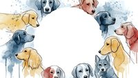 Watercolor dog breeds frame with copy space for text, featuring various canine faces in soft artistic style for pet-related designs and greeting cards.