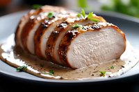 Sliced roasted chicken breast with creamy sauce and fresh herbs on dark plate, close up view showing juicy meat texture and caramelized glaze on surface.