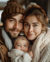 Young family with baby in warm winter clothes smiling at camera. Parents and child wearing knitted accessories and cozy outerwear for cold season outdoor portrait.