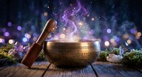 Mystical singing bowl with wooden mallet releasing magical purple energy and sparkles on rustic wooden surface with evergreen branches and bokeh lights.