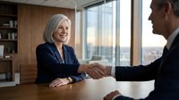 Professional mature Caucasian businesswoman with gray hair shaking hands with male colleague in modern office meeting room during successful negotiation.