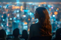 Silhouette of woman with long hair looking at colorful city lights at night, urban panorama view through glass window.