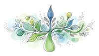 Decorative floral ornament with swirls and leaves in green and blue watercolor style for greeting cards, invitations and artistic projects.