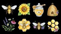 Watercolor honey bee clipart set with sunflower, honeycomb, hive, and wildflowers, isolated on transparent background, ready for stickers, t-shirt design, and print on demand.