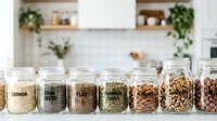 Assorted grains and seeds in glass jars with labels including quinoa, chia, flax, and herbs on kitchen shelves. Pantry organization and healthy food storage.