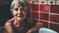 Senior Caucasian woman with gray hair smiling warmly in bathroom setting, wearing maroon top, natural aging beauty portrait with soft lighting and tiled background.