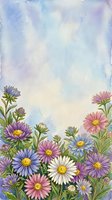 Watercolor wildflower border with colorful daisies and asters in pink, purple, and white on a soft blue sky background with copy space.
