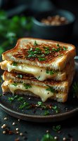 Grilled cheese sandwich with melted cheese oozing between golden-brown toasted bread slices, garnished with fresh herbs and spices on dark plate. Food photography.