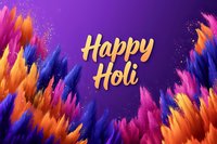 Vibrant colorful powder explosions on purple background with golden Happy Holi text greeting. Festive Indian spring celebration design with dynamic paint splashes.