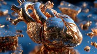 Golden anatomical heart model with detailed arteries and veins against blue background with metallic fragments, representing cardiovascular health and medical science.