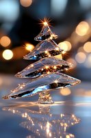 Crystal glass Christmas tree decoration with sparkling lights and golden bokeh background reflecting on glossy surface. Festive winter holiday decor.