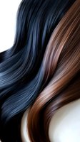 Contrasting black and brown hair strands flowing in smooth waves against white background, showcasing different hair colors and textures for beauty and salon advertising.