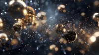Glowing golden spheres and particles floating in dark space create magical bokeh effect with sparkling light dots and blurred circles. Festive luxury background.