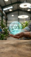 Hands holding glowing holographic recycling sphere with eco symbols in modern greenhouse facility showcasing sustainable technology and environmental innovation.