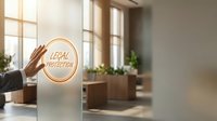 Businessman hand touching glowing legal protection sign on glass office door, symbolizing law, security, and corporate compliance.