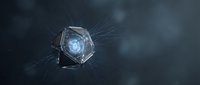 Cracked glass sphere with glowing blue light core and radiating fracture lines on dark background, suitable for technology and digital concepts.
