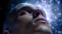 Ethereal portrait of young woman with closed eyes surrounded by magical glowing particles and stars against dark background, expressing serenity and dreams.