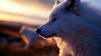 White wolf portrait in profile against golden sunset sky, majestic wild animal with illuminated fur glowing in warm evening light, dramatic nature photography.