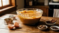 Homemade pumpkin pie filling in glass bowl on rustic wooden table with baking ingredients, eggs, spices and copper molds in cozy kitchen setting.