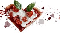 Heart-shaped pizza slice with fresh cherry tomatoes, basil leaves and melted mozzarella on red sauce background with artistic paint splatter effect.