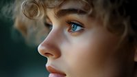 Young woman with blonde curly hair and striking blue eyes in profile view against dark background, soft natural lighting highlights delicate facial features.