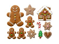 Gingerbread cookies and decorative holiday treats isolated on white background, ready for festive designs, greeting cards, and seasonal marketing materials.