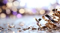Elegant wedding rings surrounded by soft bokeh lights and delicate golden confetti, creating romantic atmosphere for celebration.
