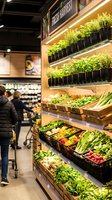 Modern grocery store produce section with fresh vegetables and herbs display shelves. Customers shopping for organic healthy food in supermarket interior.