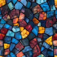 Colorful mosaic pattern with irregular geometric shapes in blue, orange, red, and yellow creates dynamic abstract background. Seamless repeat design for wallpaper.
