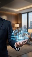 Businessman holding holographic business growth charts and success metrics in modern office with city skyline view for corporate presentations.