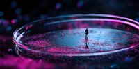 Silhouette of lone figure walking on mysterious cosmic surface with pink and blue ethereal glow, reflective ground creates surreal dreamlike atmosphere.